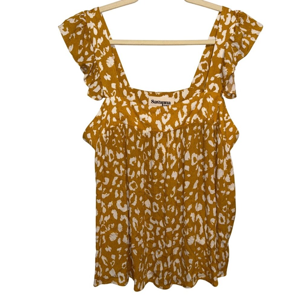 NWT Savanna Jane Womens L Mustard Yellow & White Leopard Print Ruffle Sleeve Top